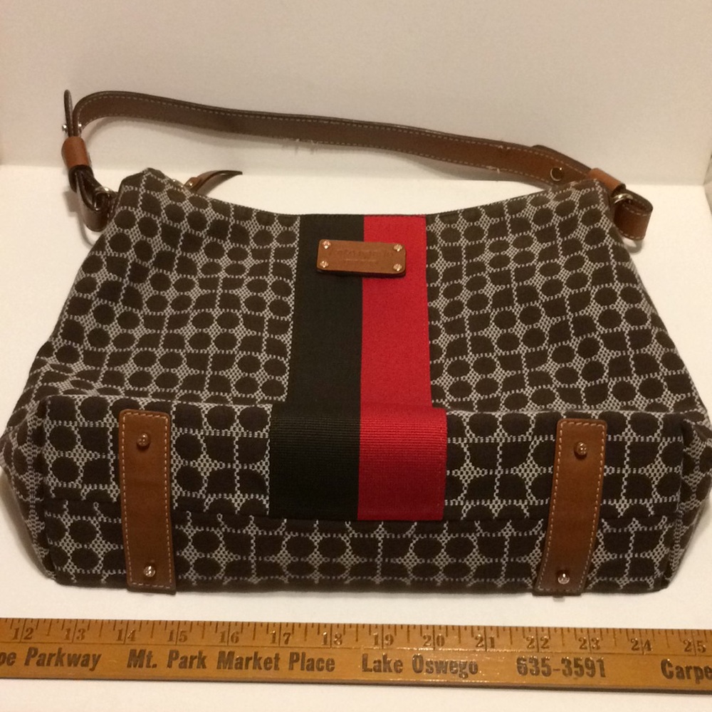 Kate Spade Shoulder Bag Brown Red Fabric Ribbon - Picture 2 of 8